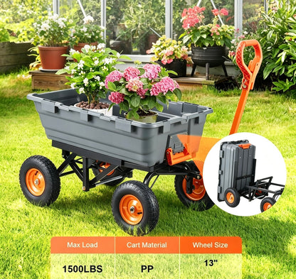 Heavy Duty Garden Dump Cart, 2 in 1 Pull & Tow Handle, 13 Inch All Terrain Wheels, 1500 LB Load Capacity | Fall Special Sale