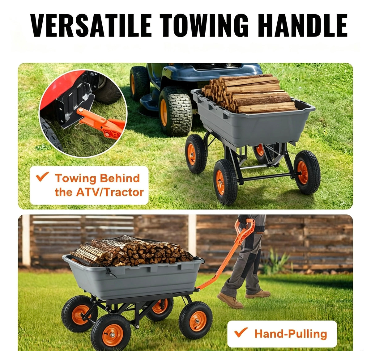 Heavy Duty Garden Dump Cart, 2 in 1 Pull & Tow Handle, 13 Inch All Terrain Wheels, 1500 LB Load Capacity | Fall Special Sale