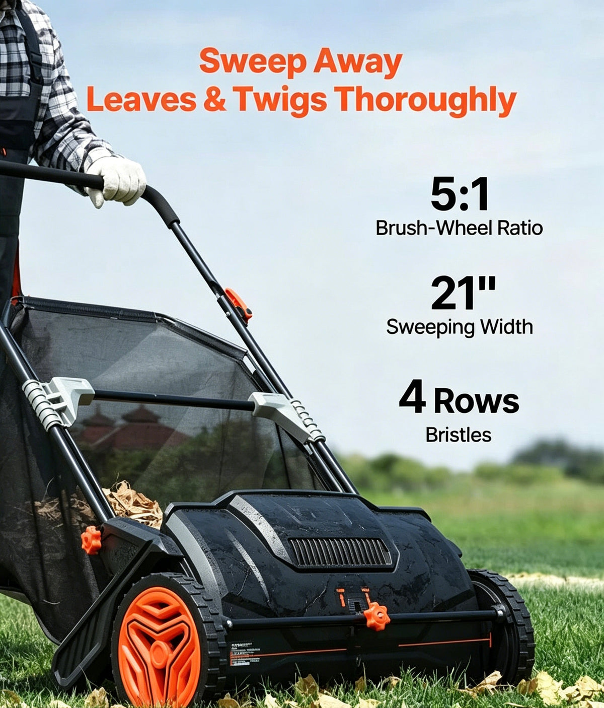 Autumn Sale | 21" Push Lawn Sweeper Leaf Collector, 3.5 Cu Ft Mesh Bag, Height Adjustable for Yard Leaf & Grass Cleanup